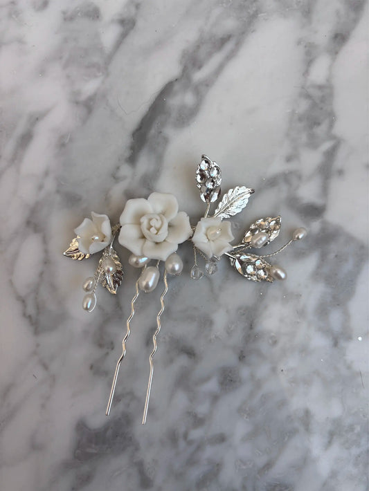 Clay Flower Hair Pin With Silver Leaves